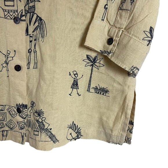 Chico's Size 0 XS Yellow Black Linen Button‎ Up 3/4 Sleeve Villagers Giraffe Top - Picture 3 of 5